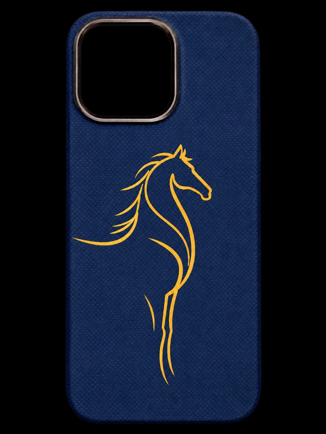 Navy phone case with a gold horse line illustration
