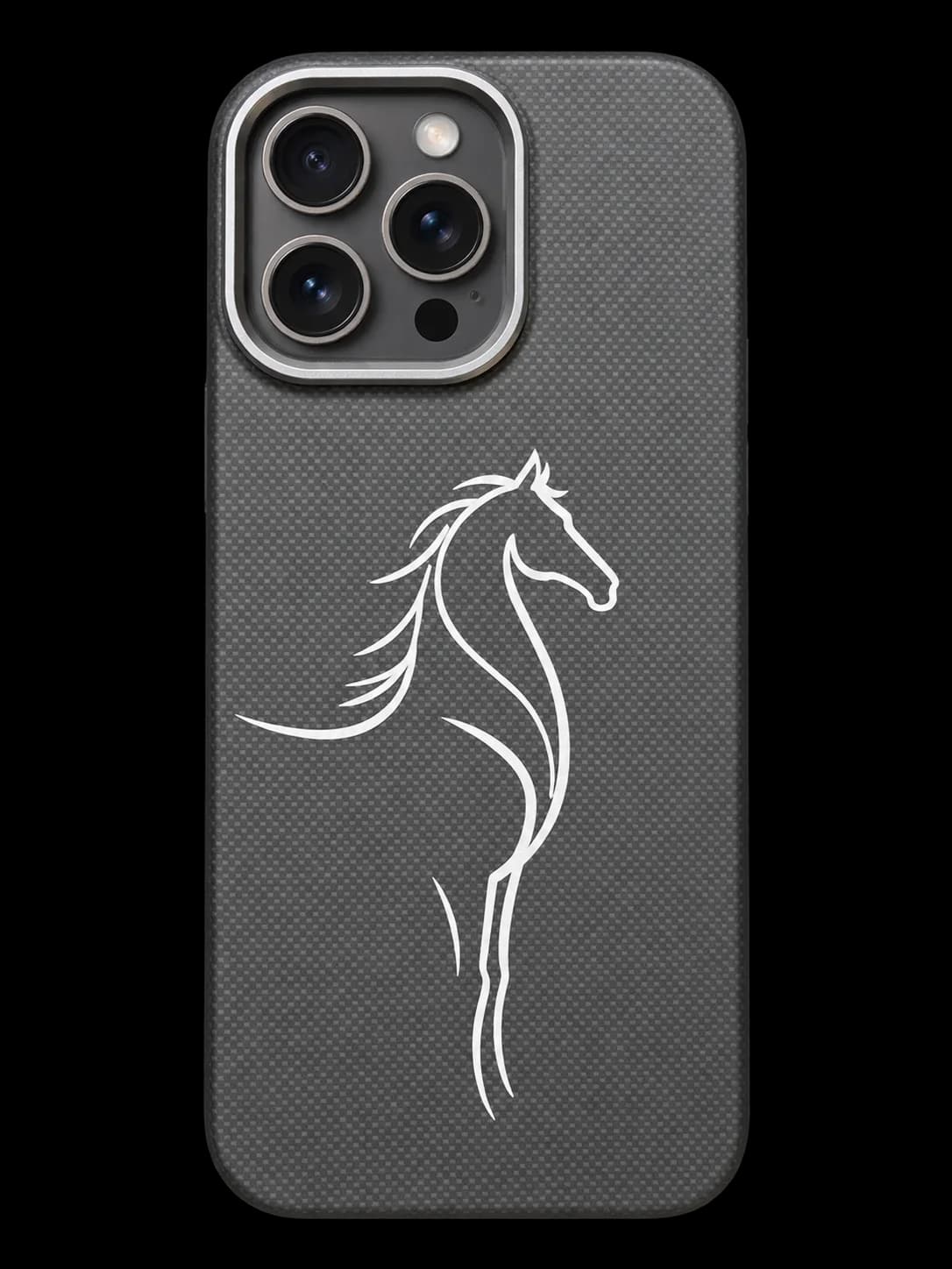 White horse case on a rendered iPhone 15 Pro Max
