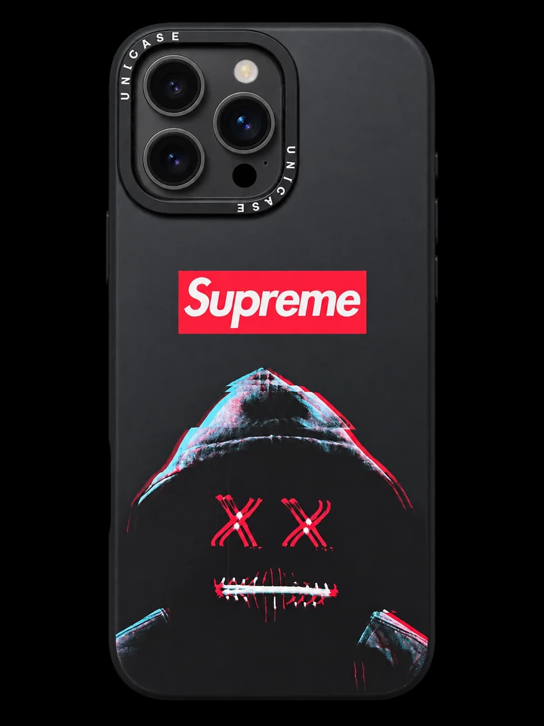 Hooded face case on a rendered iPhone 16 Pro Max