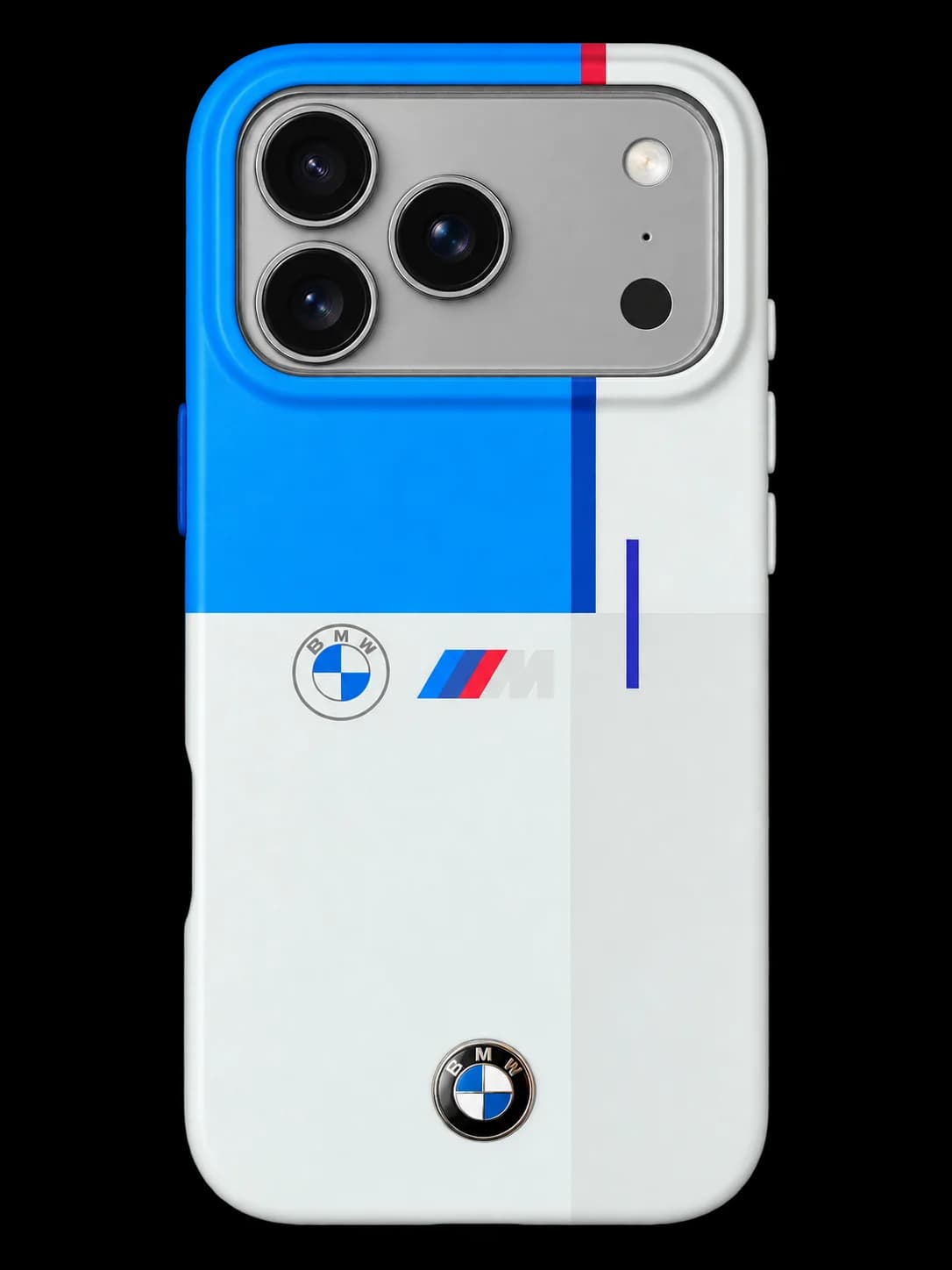 Blue motorsport case on a rendered iPhone 17 Pro Max